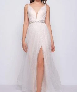 Mac Duggal Flash - 66910L Beaded Deep V-neck A-line Dress With Train