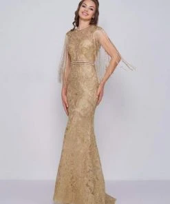 Formal Gowns Mac Duggal Prom - 12162M Bead-Fringed Sleeve Gilded Sheath Gown