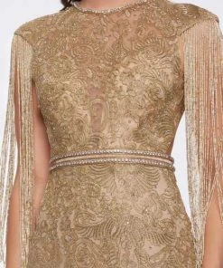 Formal Gowns Mac Duggal Prom - 12162M Bead-Fringed Sleeve Gilded Sheath Gown 8 Formal Gowns Mac Duggal Prom - 12162M Bead-Fringed Sleeve Gilded Sheath Gown