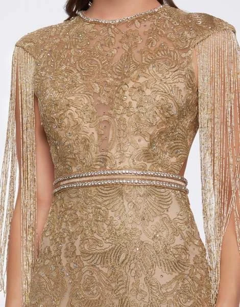 Formal Gowns Mac Duggal Prom - 12162M Bead-Fringed Sleeve Gilded Sheath Gown 5 Formal Gowns Mac Duggal Prom - 12162M Bead-Fringed Sleeve Gilded Sheath Gown