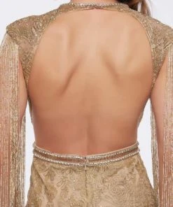 Formal Gowns Mac Duggal Prom - 12162M Bead-Fringed Sleeve Gilded Sheath Gown 9 Formal Gowns Mac Duggal Prom - 12162M Bead-Fringed Sleeve Gilded Sheath Gown