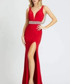 Formal Gowns Mac Duggal Prom - 12342M Crystal Accent Deep V Neck Fitted Long Gown