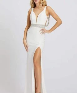 Formal Gowns Mac Duggal Prom - 12342M Crystal Accent Deep V Neck Fitted Long Gown