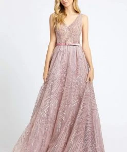 Mac Duggal Prom - 20114M Sleeveless V Neck Glitter A-Line Prom Gown Formal Gowns