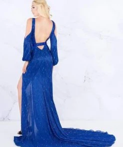 Mac Duggal Prom - 4804M Split Bishop Sleeve Plunging Beaded Gown Formal Gowns