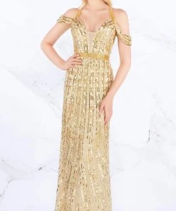 Mac Duggal Prom - 4901M Sequined Cold Shoulder Plunging Gown