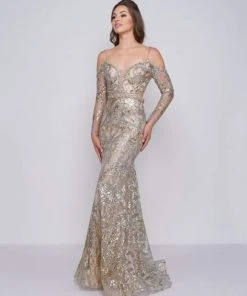 Formal Gowns Mac Duggal Prom - 50551M Embellished Plunging V-neck Dress With Train