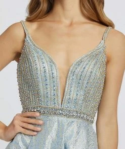 Formal Gowns Mac Duggal Prom - 66701M Plunging Jewel-Strewn Metallic Ballgown