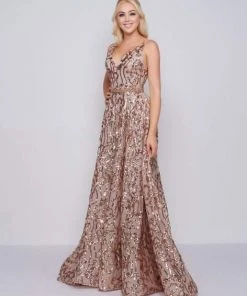 Formal Gowns Mac Duggal Prom - 79233M Metallic Sequined Plunging A-Line Gown