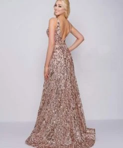 Formal Gowns Mac Duggal Prom - 79233M Metallic Sequined Plunging A-Line Gown