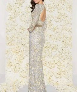 Mac Duggal - Sequined Mesh Lace Gown 4316D - 1 Pc Platinum/Gold In Size 10 Available