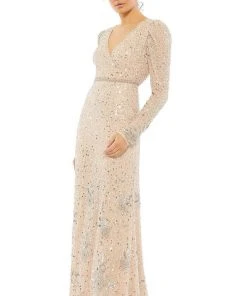 Mac Duggal - Sequined V-Neck Evening Dress 10769 - 1 Pc Nude/Silver In Size 2 Available