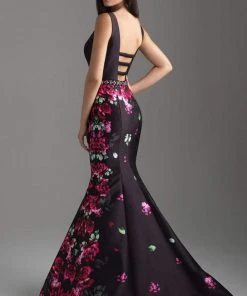 Madison James - 18-601 Plunging Ladder Back Floral Mermaid Gown