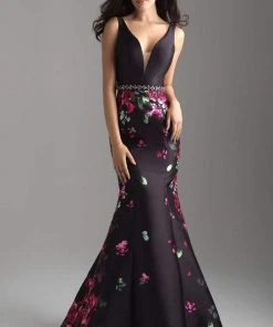 Madison James - 18-601 Plunging Ladder Back Floral Mermaid Gown