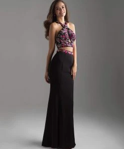 Madison James - 18-610 Two Piece Flower Applique Halter Jersey Dress Formal Gowns