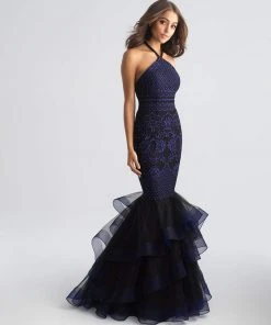 Formal Gowns Madison James - 18-647 Floral Lace Halter Tulle Mermaid Dress