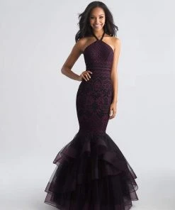 Formal Gowns Madison James - 18-647 Floral Lace Halter Tulle Mermaid Dress