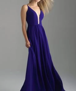 Formal Gowns Madison James - 18-650 Illusion Plunge Neckline Chiffon Evening Dress
