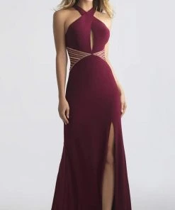 Madison James - 18-661 Fitted Halter Neck Keyhole Cutout Evening Dress - 1 Pc Wine In Size 00 Available