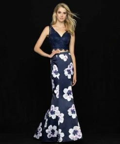 Formal Gowns Madison James - 18-699 Two Piece Lace And Floral Print Trumpet Dress