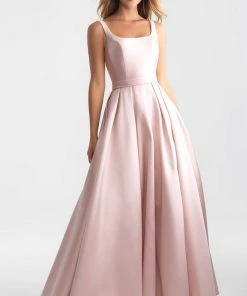 Madison James - 18-735 Ribbon Accented Plunging Back Lustrous Ballgown Formal Gowns