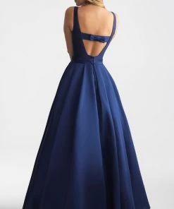 Madison James - 18-735 Ribbon Accented Plunging Back Lustrous Ballgown Formal Gowns 9 Madison James - 18-735 Ribbon Accented Plunging Back Lustrous Ballgown Formal Gowns