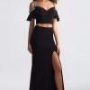 Madison James - 18-745 Crystal-Adorned Off-Shoulder Sheath Gown
