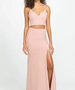 Madison James - 19-123 Crop Top Sheath Skirt With Slit Jersey Dress Formal Gowns