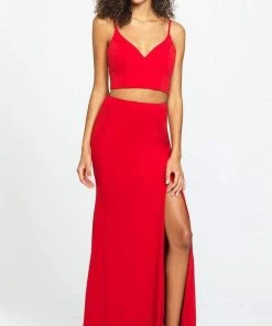 Madison James - 19-123 Crop Top Sheath Skirt With Slit Jersey Dress Formal Gowns