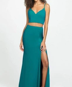 Madison James - 19-123 Crop Top Sheath Skirt With Slit Jersey Dress Formal Gowns