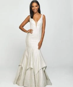 Formal Gowns Madison James - 19-132 Sparkle Net Deep V-neck Mermaid Dress