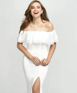 Madison James - 19-137 Ruffled Off-Shoulder Gown With Slit Formal Gowns 10 Madison James - 19-137 Ruffled Off-Shoulder Gown With Slit Formal Gowns