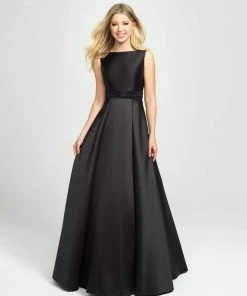 Madison James - 19-145 Embellished Bateau Mikado Pleated A-line Dress