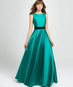 Madison James - 19-145 Embellished Bateau Mikado Pleated A-line Dress