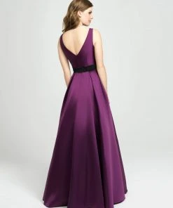 Madison James - 19-145 Embellished Bateau Mikado Pleated A-line Dress