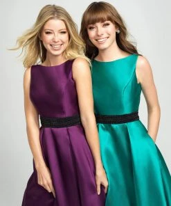 Madison James - 19-145 Embellished Bateau Mikado Pleated A-line Dress