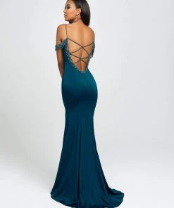 Formal Gowns Madison James - 19-146 Strappy Plunging Off-Shoulder Fringed Gown
