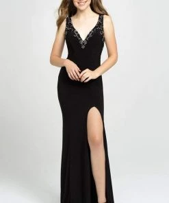 Madison James - 19-150 Beaded Plunging V-Neck High Slit Gown Formal Gowns