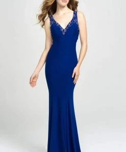 Madison James - 19-150 Beaded Plunging V-Neck High Slit Gown Formal Gowns