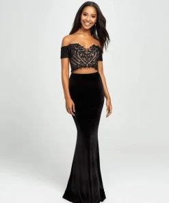 Madison James - 19-157 Embroidered Off Shoulder Velvet Gown Formal Gowns