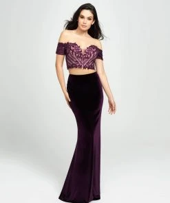 Madison James - 19-157 Embroidered Off Shoulder Velvet Gown Formal Gowns