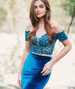 Madison James - 19-157 Embroidered Off Shoulder Velvet Gown Formal Gowns