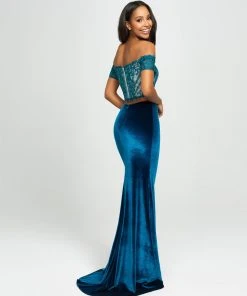 Madison James - 19-157 Embroidered Off Shoulder Velvet Gown Formal Gowns