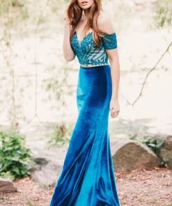 Madison James - 19-157 Embroidered Off Shoulder Velvet Gown Formal Gowns