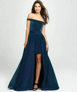 Madison James - 19-163 Shimmer Knit Off-Shoulder Dress With Overskirt