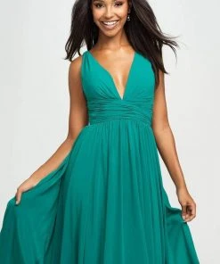 Madison James - 19-193 Plunging Neck Empire Waist Chiffon A-Line Gown