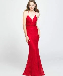 Formal Gowns Madison James - 19-199 Lace Deep V-neck Trumpet Dress