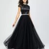 Madison James - 19-255M Satin High Neck Dotted Swiss Tulle Aline Dress Formal Gowns