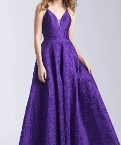 Madison James - 20-316 Floral Jacquard Plunging V-Neck Gown Formal Gowns