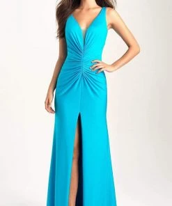 Madison James - 20-317 Ruched Plunging V-Neck Dress With Slit 8 Madison James - 20-317 Ruched Plunging V-Neck Dress With Slit